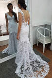 Mermaid Court Train V Neck Sleeveless Backless Lace Wedding Dresses