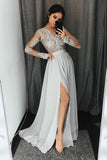 Gray A Line Floor Length V Neck Long Sleeves Appliques Chiffon Prom Dresses