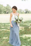Elegant A-line Floor Length Ivory And Blue Flowy Tulle Long Bridesmaid Dresses