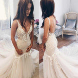 Beautiful Lace Tulle V-Neck Mermaid Ivory Sexy Sleeveless Wedding Dresses