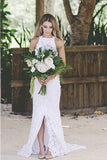 2022 Open Back Sleeveless Lace Halter Mermaid Slit Beach Wedding Dress White Bridals Dress