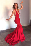 Red Trumpet Court Train Deep V Neck Sleeveless Backless Prom Dresses