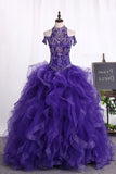2024 Ball Gown Tulle Quinceanera Dresses High Neck Beaded Bodice PGL266P6