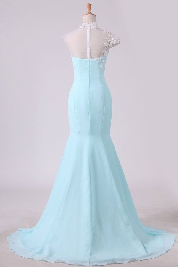 2022 Mermaid Prom Dresses High Neck Chiffon With Applique And Beads Sweep PRYFK2G5