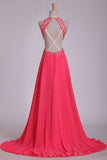 2024 Sexy Open Back Halter A Line Prom Dresses Chiffon With Applique P2P29BYN