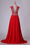 2022 Prom Dress V Neck Open Back Chiffon With Beading Sweep PGP2GET6