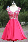 Open Back Hot Pink Short V-Neck Beading Satin Sleeveless Cute Homecoming Dresses