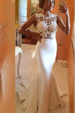 Lace Mermaid White Long Elegant Cap Sleeve Appliques High Neck Prom Dresses