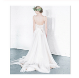 A Line Ivory Lace Long V Neck Beach Wedding Dress with Appliques Bridal Dresses