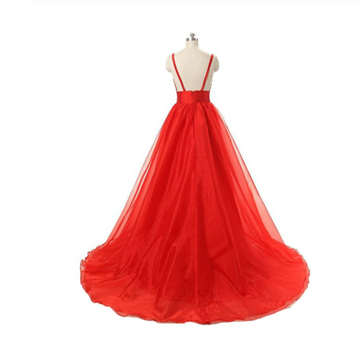 Red V-neck Backless Long Tulle Prom Dresses Evening Dresses