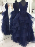 Custom Made Navy Blue Appliques Beaded V-Neck High Quality Prom Dresses