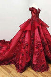 Chic Ball Gown V Neck Beads Appliques Red Off-the-Shoulder Long Prom Dresses