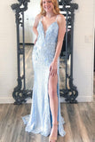 Long Prom Dresses with Floral Appliques Elegant Mermaid Light Blue Sequin