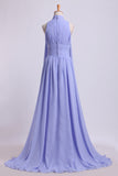 High Neck Prom Dresses Pleated Bodice A-Line Chiffon Sweep STGPQS3MK7G