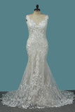 2024 Mermaid Straps Lace Wedding Dresses With Applique Open Back P84XRT4D