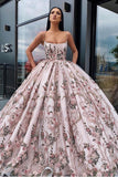 Princess Ball Gown Spaghetti Straps Beads Floral Print Prom Dresses Long Quinceanera Dress STG15294