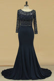 2024 Dark Navy Spandex Scoop 3/4 Length Sleeves Beaded Bodice Mother Of The Bride Dresses PT2LM85F