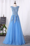2022 Prom Dresses A Line Lace Up Tulle Scoop With Applique PGP1B2L1