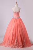 2024 Quinceanera Dresses Ball Gown Strapless Tulle With Applique PZRZ7DTH