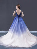 Ball Gown Ombre V Neck Tulle Royal Blue Long Prom Dresses, Quinceanera Dresses STG15067
