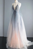 Simple Deep V Neck Ombre Tulle Halter Sleeveless Prom Dresses Backless Formal Dresses STG15391