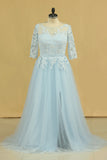 2022 Mother Of The Bride Dresses A Line Bateau Tulle With Applique And Sash Sweep Train Plus Size Light Sky P6HLNEAN