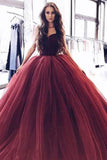 Ball Gown Burgundy Tulle Strapless Sweetheart Prom Dresses Quinceanera STG11061