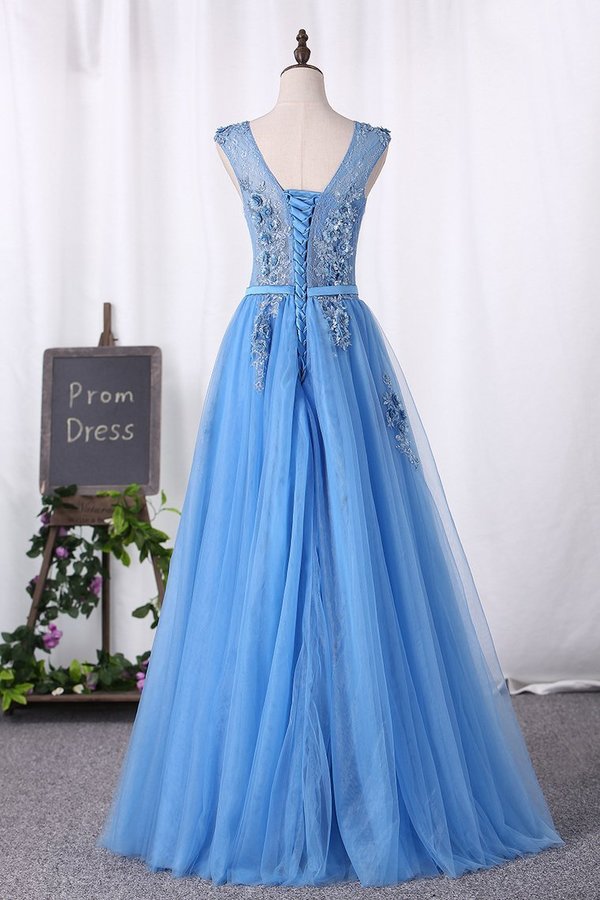 2022 Prom Dresses A Line Lace Up Tulle Scoop With Applique PGP1B2L1