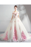 Unique Off The Shoulder Tulle Wedding Dress With Pink Flowers Ball Gown Wedding STGPQ4NB2CL