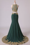 2024 Dark Green Mermaid Two-Piece Prom Dresses Scoop Sweep/Brush Chiffon With Gold P4R9BQRH