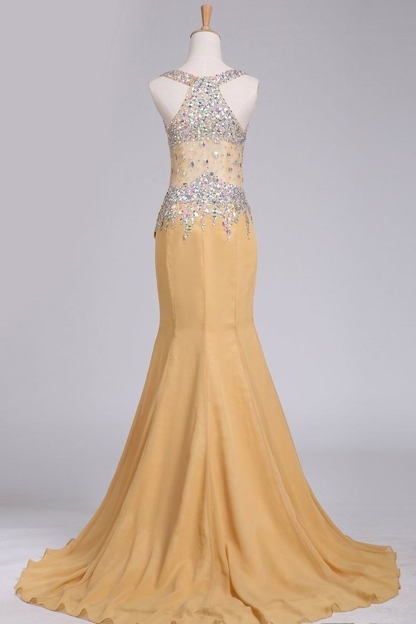 2022 New Arrival Chiffon Prom Dresses Straps With Beading Sweep Train PA2ASBQL