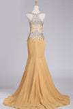 2022 New Arrival Chiffon Prom Dresses Straps With Beading Sweep Train PA2ASBQL