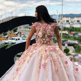 Princess Ball Gown Pink Tulle Prom Dresses with Handmade Flowers, Quinceanera STG15658