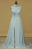2022 Prom Dresses High Neck Chiffon With Slit And Beads PEBS7JPB