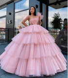 Charming Ball Gown Tulle Pink One Shoulder Long Prom Dresses, Quinceanera Dresses STG15096