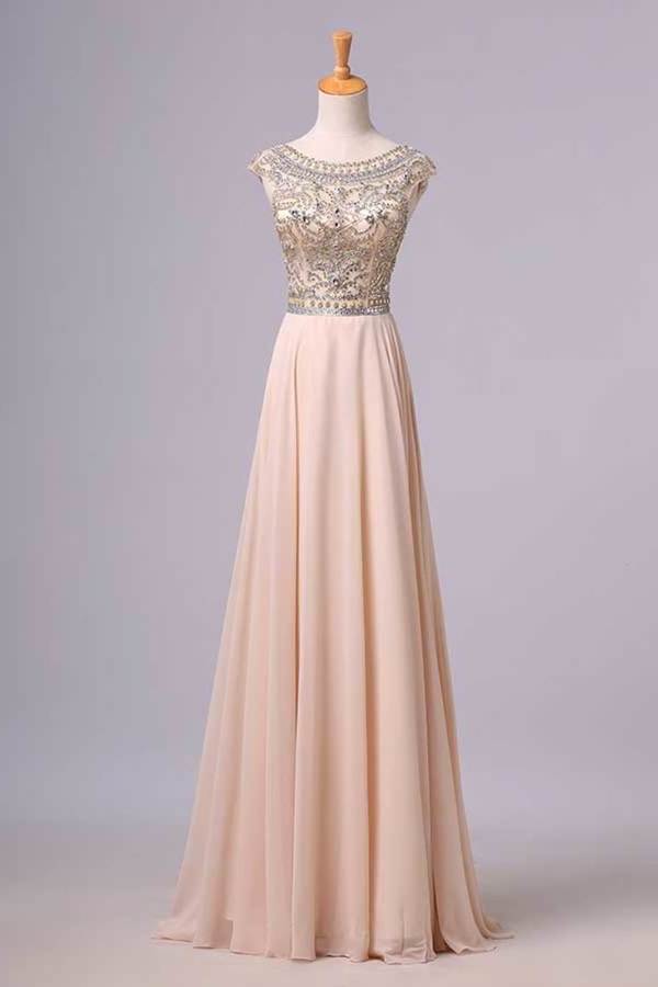 2022 Prom Dress Scoop A Line Floor Length Beaded Tulle Bodice With Chiffon P4NAGRTQ