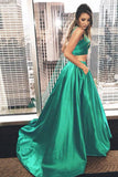 Green Two Piece A Line Sweep Train Sleeveless Mid Back Prom Dresses