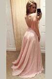 Pink A Line Floor Length Sweetheart Spaghetti Straps Backless Chiffon Prom Dresses