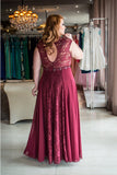 A Line Floor Length Deep V Neck Sleeveless Lace Chiffon Plus Size Prom Dresses
