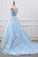 2022 Sky Blue Appliques Charming Ball Gown Off-the-Shoulder V-Neck Prom Dresses