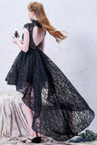 A-line High Neck Asymmetrical Lace Black Open Back High Low Modern Prom Dresses