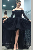 Black A Line Asymmetrical Long Sleeve Mid Back Lace Long Prom Dresses