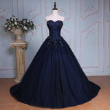 Navy Blue Ball Gown Court Train Sweetheart Strapless Lace Up Beading Prom Dresses