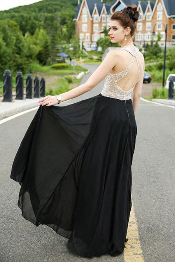 Classy A-line Scoop Chiffon Tulle Crystal Detailing Black Open Back Prom Dresses