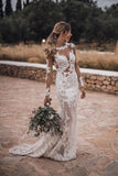 Mermaid Lace Appliques Long Sleeve See-Though Tulle Wedding Dresses Beach Wedding STGPBSR61G8