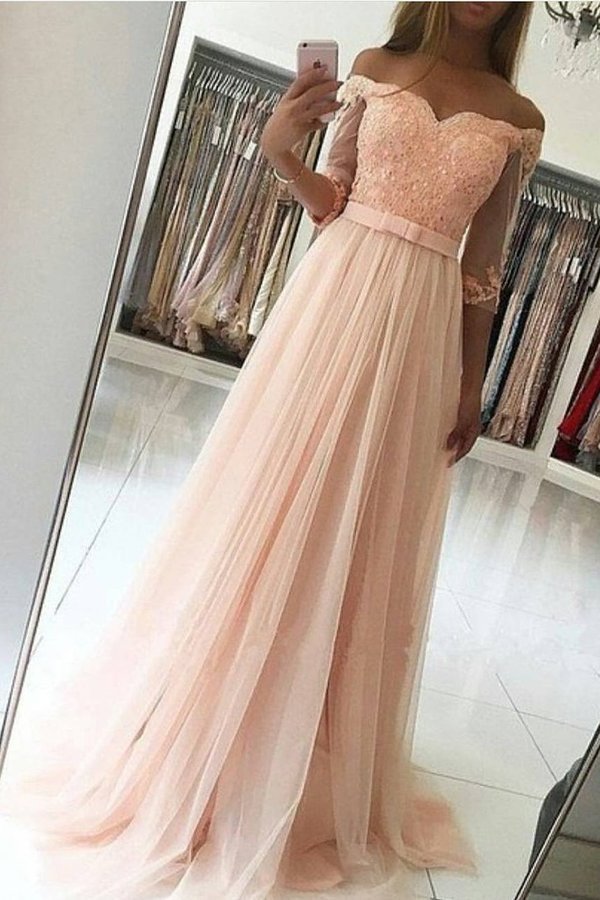 2022 Off The Shoulder Prom Dresses A Line Tulle With Applique PNGFZEX5
