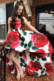 A Line Strapless High Low Red Rose Floral Satin Prom Dresses, Long Evening Dress STG15556