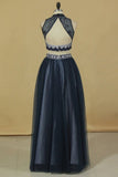 2022 Prom Dresses High Neck Two Pieces Tulle A Line With Beads Floor PN75JS1J