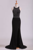 2024 Black Open Back Prom Dresses Scoop Spandex With Beading & Slit Sweep PNR5RTYK