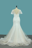 2024 Short Sleeve Wedding Dresses Tulle Mermaid With Applique And PAG5EZEN